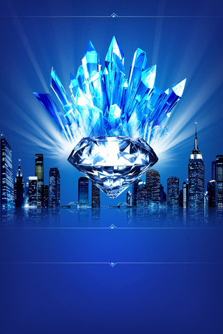 简约清新钻石水晶城市夜晚边框房地产开盘宣传蓝色海报背景